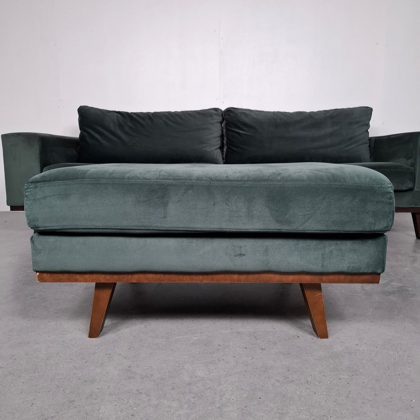 Velourse Retro-look 4 zits bank met hocker | Smaragd groen