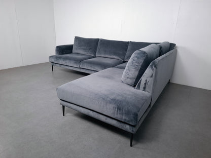 Velourse hoekbank met stonewash patroon | Licht blauw