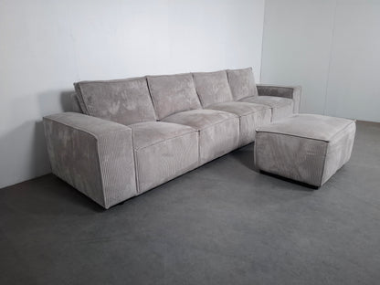Ribstof 4 zits Bank met Hocker | Wit / Licht grijs