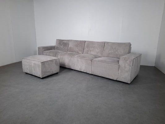 Ribstof 4 zits Bank met Hocker | Wit / Licht grijs