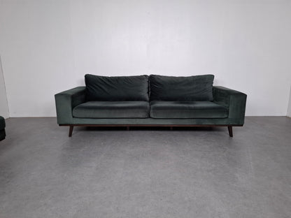 Velourse Retro-look 4 zits bank met hocker | Smaragd groen