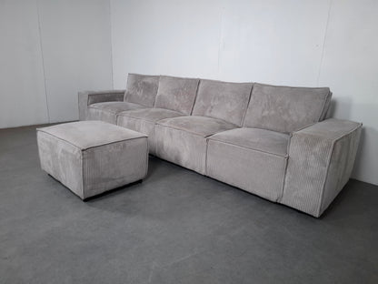 Ribstof 4 zits Bank met Hocker | Wit / Licht grijs