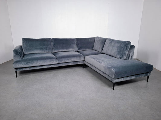Velourse hoekbank met stonewash patroon | Licht blauw