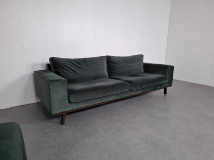 Velourse Retro-look 4 zits bank met hocker | Smaragd groen