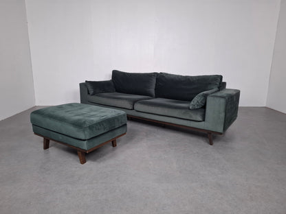 Velourse Retro-look 4 zits bank met hocker | Smaragd groen