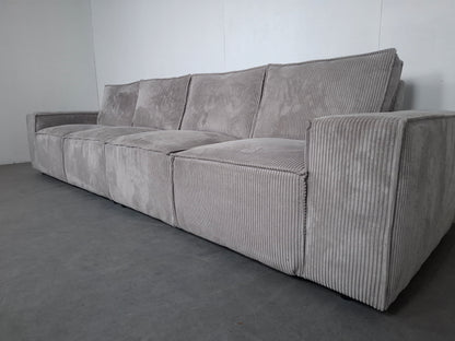 Ribstof 4 zits Bank met Hocker | Wit / Licht grijs